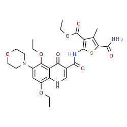 ChemSpider 2D Image | Ethyl 5-carbamoyl-2-({[5,8-diethoxy-6-(4-morpholinyl)-4-oxo-1,4-dihydro-3-quinolinyl]carbonyl}amino)-4-methyl-3-thiophenecarboxylate | C27H32N4O8S