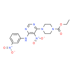 ChemSpider 2D Image | Ethyl 4-{5-nitro-6-[(3-nitrophenyl)amino]pyrimidin-4-yl}piperazine-1-carboxylate | C17H19N7O6