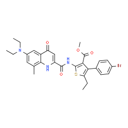 ChemSpider 2D Image | Methyl 4-(4-bromophenyl)-2-({[6-(diethylamino)-8-methyl-4-oxo-1,4-dihydro-2-quinolinyl]carbonyl}amino)-5-ethyl-3-thiophenecarboxylate | C29H30BrN3O4S