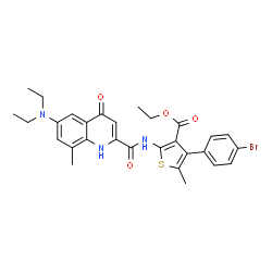 ChemSpider 2D Image | Ethyl 4-(4-bromophenyl)-2-({[6-(diethylamino)-8-methyl-4-oxo-1,4-dihydro-2-quinolinyl]carbonyl}amino)-5-methyl-3-thiophenecarboxylate | C29H30BrN3O4S