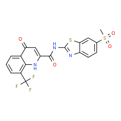 ChemSpider 2D Image | N-[6-(Methylsulfonyl)-1,3-benzothiazol-2-yl]-4-oxo-8-(trifluoromethyl)-1,4-dihydro-2-quinolinecarboxamide | C19H12F3N3O4S2
