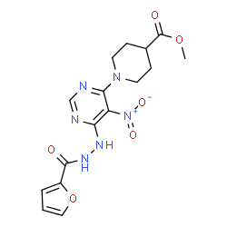 ChemSpider 2D Image | Methyl 1-{6-[2-(2-furoyl)hydrazino]-5-nitropyrimidin-4-yl}piperidine-4-carboxylate | C16H18N6O6