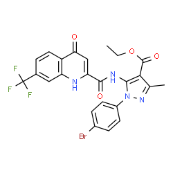 ChemSpider 2D Image | Ethyl 1-(4-bromophenyl)-3-methyl-5-({[4-oxo-7-(trifluoromethyl)-1,4-dihydro-2-quinolinyl]carbonyl}amino)-1H-pyrazole-4-carboxylate | C24H18BrF3N4O4