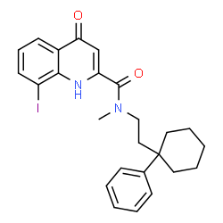 ChemSpider 2D Image | 8-Iodo-N-methyl-4-oxo-N-[2-(1-phenylcyclohexyl)ethyl]-1,4-dihydro-2-quinolinecarboxamide | C25H27IN2O2