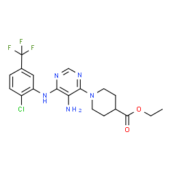ChemSpider 2D Image | Ethyl 1-(5-amino-6-{[2-chloro-5-(trifluoromethyl)phenyl]amino}pyrimidin-4-yl)piperidine-4-carboxylate | C19H21ClF3N5O2