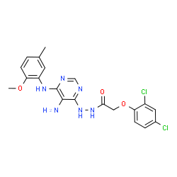 ChemSpider 2D Image | N'-{5-Amino-6-[(2-methoxy-5-methylphenyl)amino]-4-pyrimidinyl}-2-(2,4-dichlorophenoxy)acetohydrazide | C20H20Cl2N6O3
