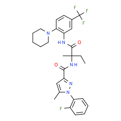 ChemSpider 2D Image | N~2~-{[1-(2-Fluorophenyl)-5-methyl-1H-pyrazol-3-yl]carbonyl}-N-[2-(1-piperidinyl)-5-(trifluoromethyl)phenyl]isovalinamide | C28H31F4N5O2