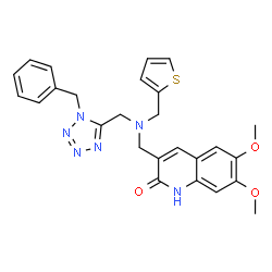 ChemSpider 2D Image | 3-({[(1-Benzyl-1H-tetrazol-5-yl)methyl](2-thienylmethyl)amino}methyl)-6,7-dimethoxy-2(1H)-quinolinone | C26H26N6O3S