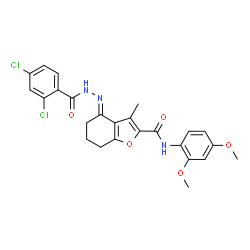 ChemSpider 2D Image | (4E)-4-[(2,4-Dichlorobenzoyl)hydrazono]-N-(2,4-dimethoxyphenyl)-3-methyl-4,5,6,7-tetrahydro-1-benzofuran-2-carboxamide | C25H23Cl2N3O5