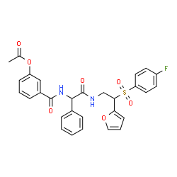 ChemSpider 2D Image | 3-{[2-({2-[(4-Fluorophenyl)sulfonyl]-2-(2-furyl)ethyl}amino)-2-oxo-1-phenylethyl]carbamoyl}phenyl acetate | C29H25FN2O7S