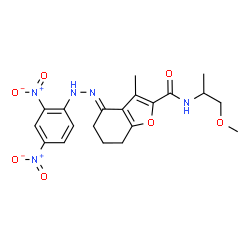 ChemSpider 2D Image | (4E)-4-[(2,4-Dinitrophenyl)hydrazono]-N-(1-methoxy-2-propanyl)-3-methyl-4,5,6,7-tetrahydro-1-benzofuran-2-carboxamide | C20H23N5O7