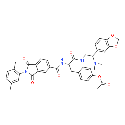 ChemSpider 2D Image | 4-[3-{[2-(1,3-Benzodioxol-5-yl)-2-(dimethylamino)ethyl]amino}-2-({[2-(2,5-dimethylphenyl)-1,3-dioxo-2,3-dihydro-1H-isoindol-5-yl]carbonyl}amino)-3-oxopropyl]phenyl acetate | C39H38N4O8