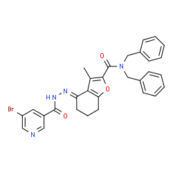 ChemSpider 2D Image | (4E)-N,N-Dibenzyl-4-{[(5-bromo-3-pyridinyl)carbonyl]hydrazono}-3-methyl-4,5,6,7-tetrahydro-1-benzofuran-2-carboxamide | C30H27BrN4O3