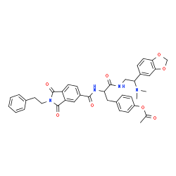 ChemSpider 2D Image | 4-[3-{[2-(1,3-Benzodioxol-5-yl)-2-(dimethylamino)ethyl]amino}-2-({[1,3-dioxo-2-(2-phenylethyl)-2,3-dihydro-1H-isoindol-5-yl]carbonyl}amino)-3-oxopropyl]phenyl acetate | C39H38N4O8