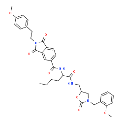 ChemSpider 2D Image | N-[1-({[3-(2-Methoxybenzyl)-2-oxo-1,3-oxazolidin-5-yl]methyl}amino)-1-oxo-2-hexanyl]-2-[2-(4-methoxyphenyl)ethyl]-1,3-dioxo-5-isoindolinecarboxamide | C36H40N4O8