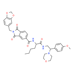 ChemSpider 2D Image | 2-(1,3-Benzodioxol-5-ylmethyl)-N-(1-{[2-(4-methoxyphenyl)-2-(4-morpholinyl)ethyl]amino}-1-oxo-2-hexanyl)-1,3-dioxo-5-isoindolinecarboxamide | C36H40N4O8