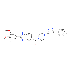ChemSpider 2D Image | [2-(3-Chloro-4,5-dimethoxyphenyl)-1H-benzimidazol-5-yl]{4-[5-(4-chlorophenyl)-1,3,4-oxadiazol-2-yl]-1-piperazinyl}methanone | C28H24Cl2N6O4