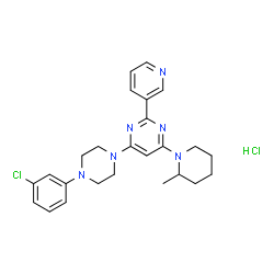 ChemSpider 2D Image | 4-[4-(3-Chlorophenyl)-1-piperazinyl]-6-(2-methyl-1-piperidinyl)-2-(3-pyridinyl)pyrimidine hydrochloride (1:1) | C25H30Cl2N6