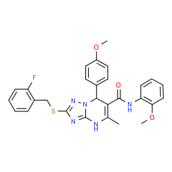 ChemSpider 2D Image | 2-[(2-Fluorobenzyl)sulfanyl]-N-(2-methoxyphenyl)-7-(4-methoxyphenyl)-5-methyl-1,7-dihydro[1,2,4]triazolo[1,5-a]pyrimidine-6-carboxamide | C28H26FN5O3S