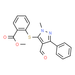 ChemSpider 2D Image | Methyl 2-[(4-formyl-1-methyl-3-phenyl-1H-pyrazol-5-yl)sulfanyl]benzoate | C19H16N2O3S