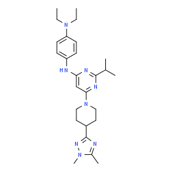 ChemSpider 2D Image | N'-{6-[4-(1,5-Dimethyl-1H-1,2,4-triazol-3-yl)-1-piperidinyl]-2-isopropyl-4-pyrimidinyl}-N,N-diethyl-1,4-benzenediamine | C26H38N8