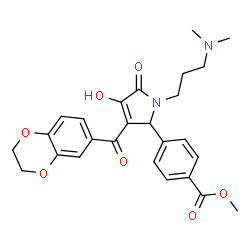 ChemSpider 2D Image | Methyl 4-{3-(2,3-dihydro-1,4-benzodioxin-6-ylcarbonyl)-1-[3-(dimethylamino)propyl]-4-hydroxy-5-oxo-2,5-dihydro-1H-pyrrol-2-yl}benzoate | C26H28N2O7