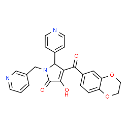 ChemSpider 2D Image | 4-(2,3-Dihydro-1,4-benzodioxin-6-ylcarbonyl)-3-hydroxy-5-(4-pyridinyl)-1-(3-pyridinylmethyl)-1,5-dihydro-2H-pyrrol-2-one | C24H19N3O5