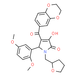 ChemSpider 2D Image | 4-(2,3-Dihydro-1,4-benzodioxin-6-ylcarbonyl)-5-(2,5-dimethoxyphenyl)-3-hydroxy-1-(tetrahydro-2-furanylmethyl)-1,5-dihydro-2H-pyrrol-2-one | C26H27NO8