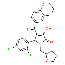 ChemSpider 2D Image | 5-(2,4-Dichlorophenyl)-4-(2,3-dihydro-1,4-benzodioxin-6-ylcarbonyl)-3-hydroxy-1-(tetrahydro-2-furanylmethyl)-1,5-dihydro-2H-pyrrol-2-one | C24H21Cl2NO6