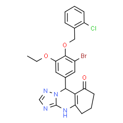 ChemSpider 2D Image | 9-{3-Bromo-4-[(2-chlorobenzyl)oxy]-5-ethoxyphenyl}-5,6,7,9-tetrahydro[1,2,4]triazolo[5,1-b]quinazolin-8(1H)-one | C24H22BrClN4O3