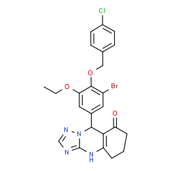 ChemSpider 2D Image | 9-{3-Bromo-4-[(4-chlorobenzyl)oxy]-5-ethoxyphenyl}-5,6,7,9-tetrahydro[1,2,4]triazolo[5,1-b]quinazolin-8(1H)-one | C24H22BrClN4O3