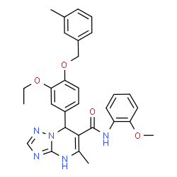 ChemSpider 2D Image | 7-{3-Ethoxy-4-[(3-methylbenzyl)oxy]phenyl}-N-(2-methoxyphenyl)-5-methyl-1,7-dihydro[1,2,4]triazolo[1,5-a]pyrimidine-6-carboxamide | C30H31N5O4