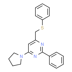 ChemSpider 2D Image | 2-Phenyl-4-[(phenylsulfanyl)methyl]-6-(1-pyrrolidinyl)pyrimidine | C21H21N3S