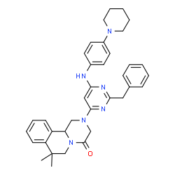 ChemSpider 2D Image | 2-(2-Benzyl-6-{[4-(1-piperidinyl)phenyl]amino}-4-pyrimidinyl)-7,7-dimethyl-1,2,3,6,7,11b-hexahydro-4H-pyrazino[2,1-a]isoquinolin-4-one | C36H40N6O