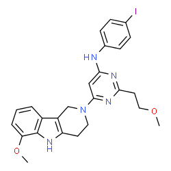 ChemSpider 2D Image | N-(4-Iodophenyl)-2-(2-methoxyethyl)-6-(6-methoxy-1,3,4,5-tetrahydro-2H-pyrido[4,3-b]indol-2-yl)-4-pyrimidinamine | C25H26IN5O2