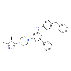 ChemSpider 2D Image | N-(4-Benzylphenyl)-6-[4-(4,5-dimethyl-4H-1,2,4-triazol-3-yl)-1-piperazinyl]-2-phenyl-4-pyrimidinamine | C31H32N8