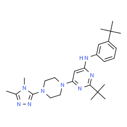 ChemSpider 2D Image | 6-[4-(4,5-Dimethyl-4H-1,2,4-triazol-3-yl)-1-piperazinyl]-2-(2-methyl-2-propanyl)-N-[3-(2-methyl-2-propanyl)phenyl]-4-pyrimidinamine | C26H38N8