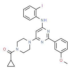 ChemSpider 2D Image | Cyclopropyl(4-{6-[(2-iodophenyl)amino]-2-(3-methoxyphenyl)-4-pyrimidinyl}-1-piperazinyl)methanone | C25H26IN5O2