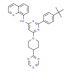 ChemSpider 2D Image | N-{2-[4-(2-Methyl-2-propanyl)phenyl]-6-[4-(1,3,5-triazin-2-yl)-1-piperidinyl]-4-pyrimidinyl}-8-quinolinamine | C31H32N8
