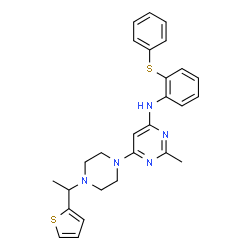 ChemSpider 2D Image | 2-Methyl-N-[2-(phenylsulfanyl)phenyl]-6-{4-[1-(2-thienyl)ethyl]-1-piperazinyl}-4-pyrimidinamine | C27H29N5S2