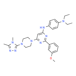 ChemSpider 2D Image | N'-{6-[4-(4,5-Dimethyl-4H-1,2,4-triazol-3-yl)-1-piperazinyl]-2-(3-methoxyphenyl)-4-pyrimidinyl}-N,N-diethyl-1,4-benzenediamine | C29H37N9O