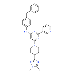 ChemSpider 2D Image | N-(4-Benzylphenyl)-6-[4-(1,5-dimethyl-1H-1,2,4-triazol-3-yl)-1-piperidinyl]-2-(3-pyridinyl)-4-pyrimidinamine | C31H32N8