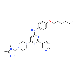 ChemSpider 2D Image | 6-[4-(4,5-Dimethyl-4H-1,2,4-triazol-3-yl)-1-piperazinyl]-N-[4-(hexyloxy)phenyl]-2-(3-pyridinyl)-4-pyrimidinamine | C29H37N9O