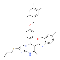 ChemSpider 2D Image | N-(2,4-Dimethylphenyl)-5-methyl-2-(propylsulfanyl)-7-{4-[(2,4,5-trimethylbenzyl)oxy]phenyl}-1,7-dihydro[1,2,4]triazolo[1,5-a]pyrimidine-6-carboxamide | C34H39N5O2S