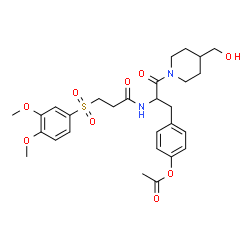 ChemSpider 2D Image | 4-{2-({3-[(3,4-Dimethoxyphenyl)sulfonyl]propanoyl}amino)-3-[4-(hydroxymethyl)-1-piperidinyl]-3-oxopropyl}phenyl acetate | C28H36N2O9S