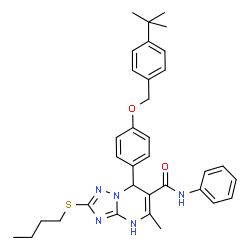 ChemSpider 2D Image | 7-{4-[(4-tert-Butylbenzyl)oxy]phenyl}-2-(butylsulfanyl)-5-methyl-N-phenyl-4,7-dihydro[1,2,4]triazolo[1,5-a]pyrimidine-6-carboxamide | C34H39N5O2S