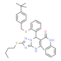 ChemSpider 2D Image | 7-{2-[(4-tert-Butylbenzyl)oxy]phenyl}-2-(butylsulfanyl)-5-methyl-N-phenyl-4,7-dihydro[1,2,4]triazolo[1,5-a]pyrimidine-6-carboxamide | C34H39N5O2S