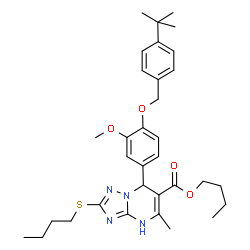 ChemSpider 2D Image | Butyl 7-{4-[(4-tert-butylbenzyl)oxy]-3-methoxyphenyl}-2-(butylsulfanyl)-5-methyl-4,7-dihydro[1,2,4]triazolo[1,5-a]pyrimidine-6-carboxylate | C33H44N4O4S