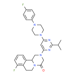 ChemSpider 2D Image | 8-Fluoro-2-{6-[4-(4-fluorophenyl)-1-piperazinyl]-2-isopropyl-4-pyrimidinyl}-1,2,3,6,7,11b-hexahydro-4H-pyrazino[2,1-a]isoquinolin-4-one | C29H32F2N6O