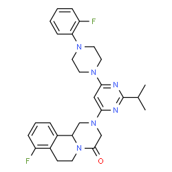 ChemSpider 2D Image | 8-Fluoro-2-{6-[4-(2-fluorophenyl)-1-piperazinyl]-2-isopropyl-4-pyrimidinyl}-1,2,3,6,7,11b-hexahydro-4H-pyrazino[2,1-a]isoquinolin-4-one | C29H32F2N6O